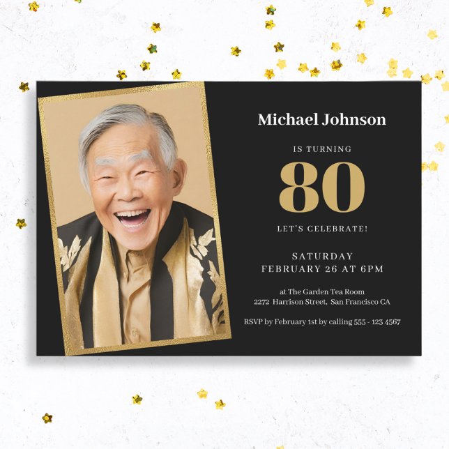 Invitación Foto personalizado Black and Gold 80th Birthday (Mock Up View)