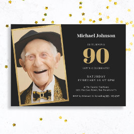 Invitación Foto personalizado Black and Gold 90th Birthday Pa