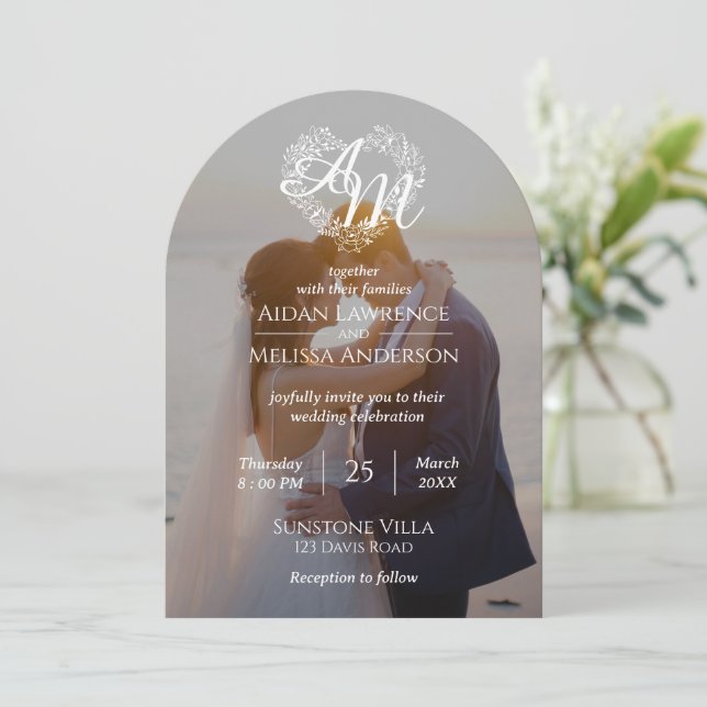 Invitación Foto personalizado Boda de arco blanco y negro (Anverso de pie)