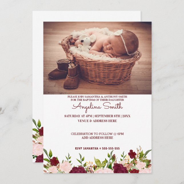 Invitación Foto personalizado Borgoña Bautismo Floral (Anverso / Reverso)