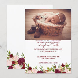 Invitación Foto personalizado Borgoña Bautismo Floral