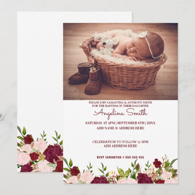 Invitación Foto personalizado Borgoña Bautismo Floral (Anverso / Reverso)