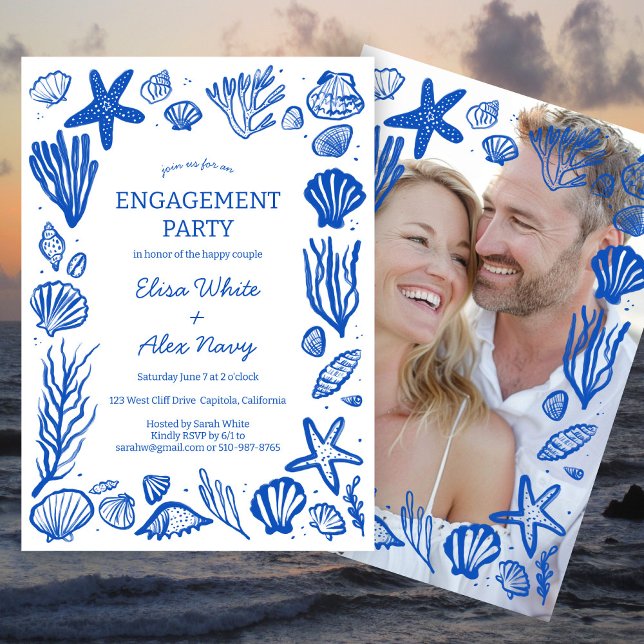 Invitación FOTO PERSONALIZADO de Seashells Frame Engagement B (Seashells Frame Engagement Beach CUSTOM PHOTO Invitation
)