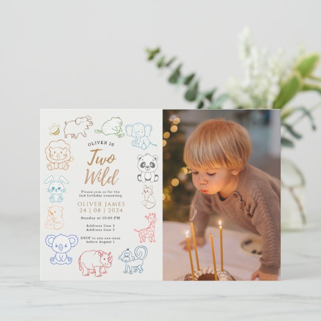 Invitación Foto personalizado Fiesta de Doodle Animales Segun (Anverso de pie)