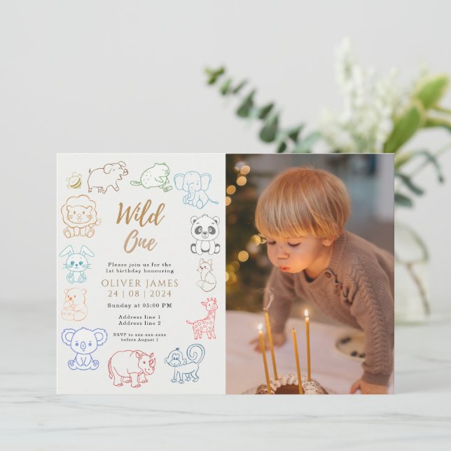 Invitación Foto personalizado Fiesta Doodle Animales Primer c (Anverso de pie)