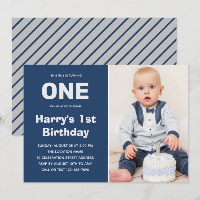 Invitación Foto personalizado Gris azul | Niño 1º cumpleaños (Anverso / Reverso)