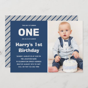 Invitación Foto personalizado Gris azul Niño 1º cumpleaños