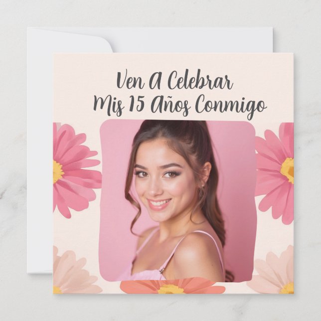 Invitación Foto personalizado Mis Quince Flores Quinceañera R (Anverso)
