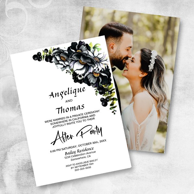 Invitación Foto personalizado Moody Black Floral Wedding Rece (Subido por el creador)
