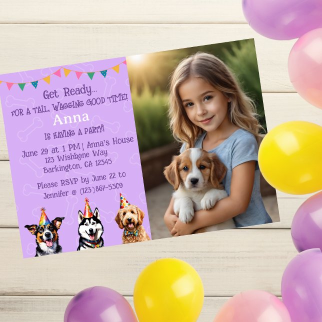 Invitación Foto personalizado Perro con cachorro morado Cumpl (Subido por el creador)