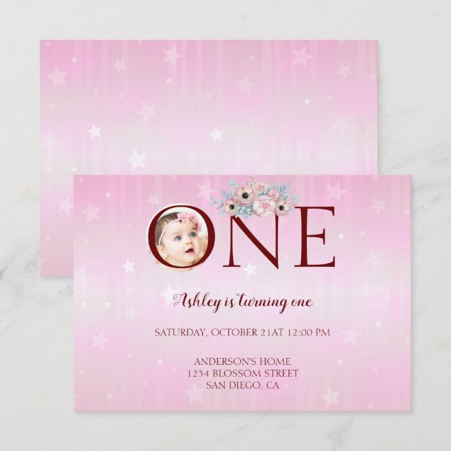 Invitación Foto personalizado Primer cumpleaños (Anverso / Reverso)