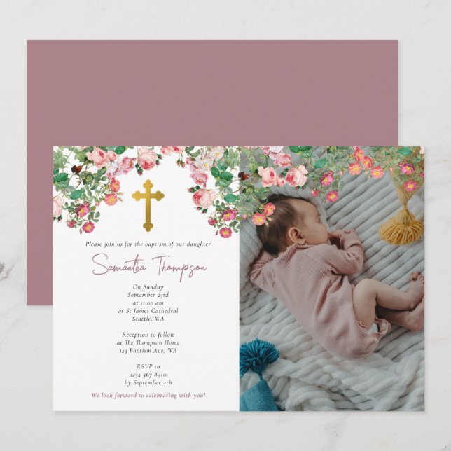 Invitación Foto personalizado Rosa acuarela Chica bautismo en (Anverso / Reverso)