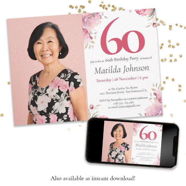Invitación Foto Personalizado Rosa Floral acuarela 60 cumplea (60th Birthday Watercolor Floral Pink Custom Photo Invitation)
