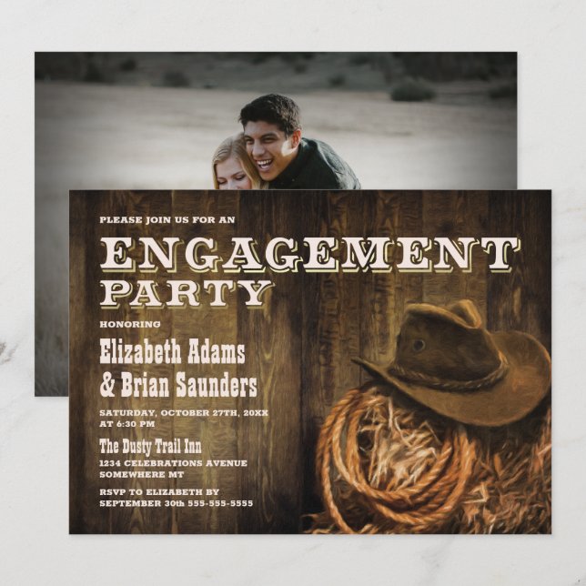 Invitación Foto personalizado Rustic Wood Western Engagement  (Anverso / Reverso)