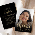 Invitación Foto personalizado Saluda a Fiesta de cumpleaños n<br><div class="desc">La parte delantera de esta invitación para el 21 cumpleaños muestra la foto del invitado de honor con un texto de color dorado. La palabra "ovaciones" aparece en un elegante guión de caligrafía de color dorado, seguido por "a 21 años" y el nombre y cumpleaños del invitado de honor en...</div>