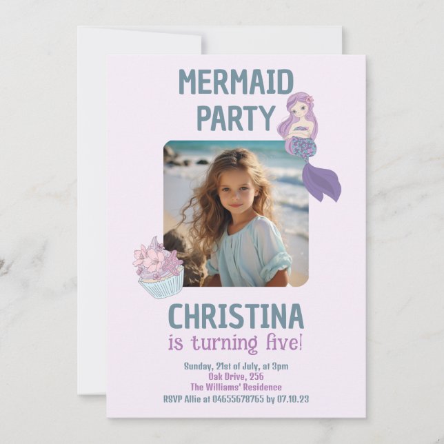 Invitación Foto personalizado Sirena Fiesta de Cumpleaños Púr (Anverso)
