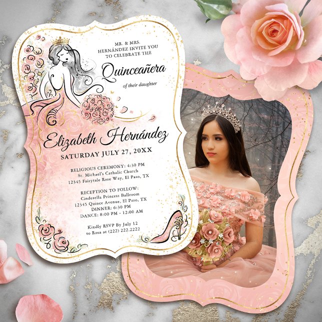 Invitación Foto: Pink and Gold Princess Quinceanera Cumpleaño (Easily upload your own photo to the back, or use the space for extra event details.)