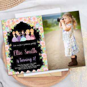 Invitación Foto: Pink Floral Black Princesses Cumpleaños