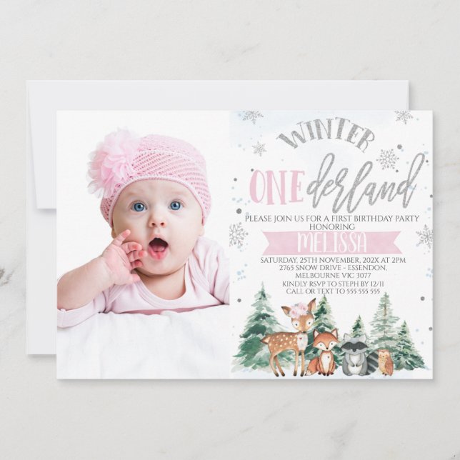 Invitación Foto Pink Silver Woodland Onederland Primer cumple (Anverso)