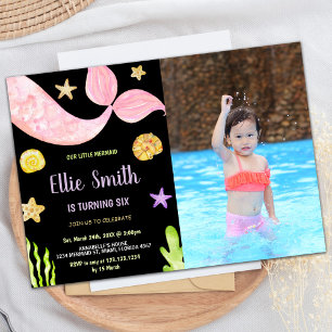 Invitación Foto: Pink Tail Little Mermaid Cumpleaños
