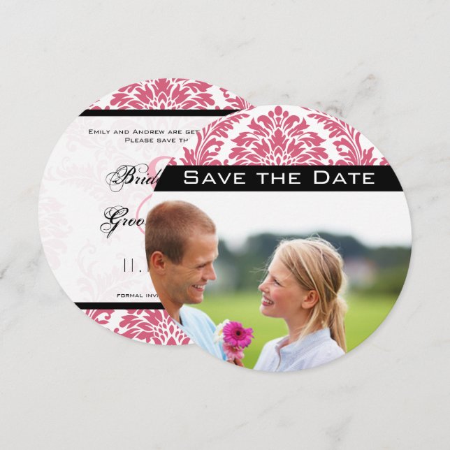 Invitación Foto: Pink Yarrow Damask Save the Date (Anverso / Reverso)
