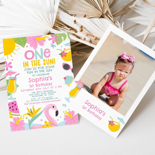 Invitación Foto Piscina Rosa Uno Al Sol Primer Cumpleaños (One In The Sun 1st Birthday Invitation Template Baby Girl, Photo Sun Themed 1st Birthday Invitation )