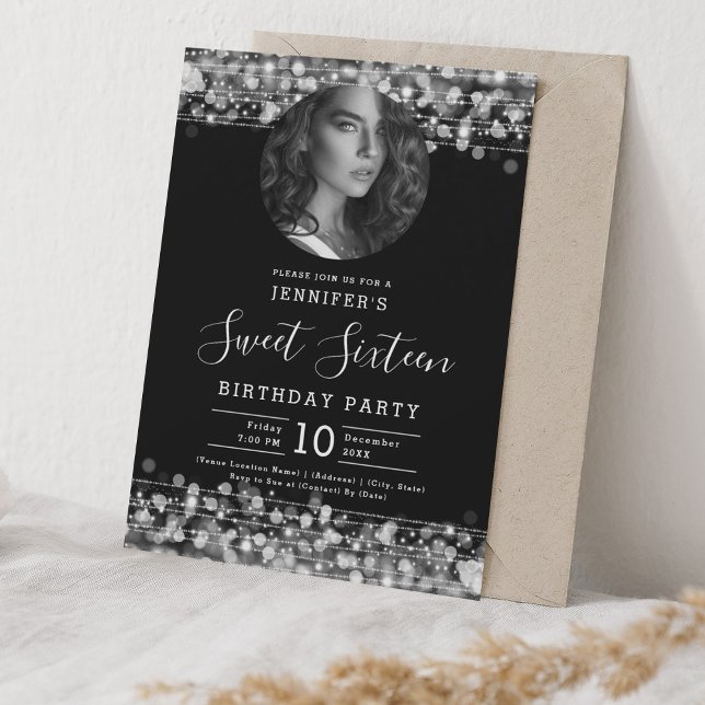 Invitación FOTO Plata Sparkles Sweet 16 Birthday Party (PHOTO Silver Sparkles Sweet 16 Birthday Party Invitation)