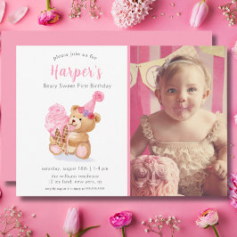 Invitación Foto Primer Chica de cumpleaños Teddy Bear Ice Cre