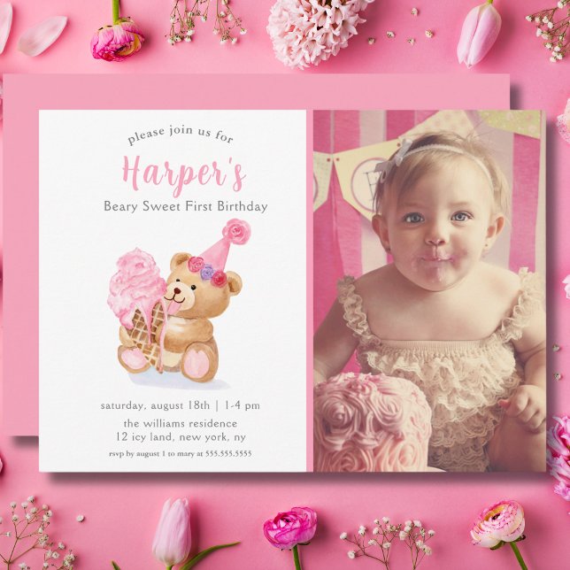 Invitación Foto Primer Chica de cumpleaños Teddy Bear Ice Cre (Subido por el creador)