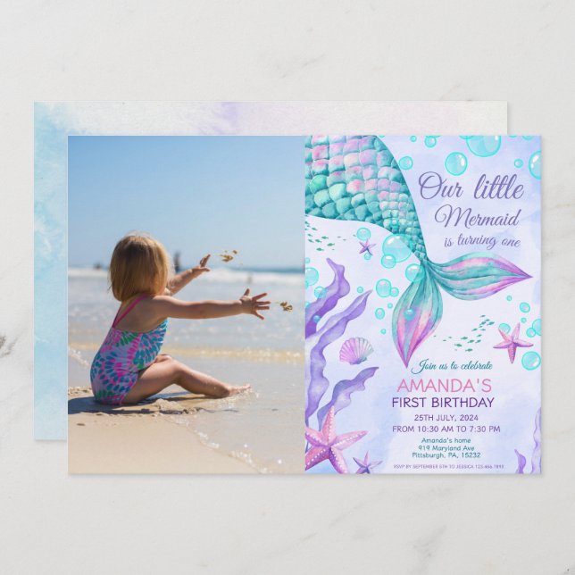 Invitación Foto Primer cumpleaños bajo el Fiesta de la sirena (Anverso / Reverso)