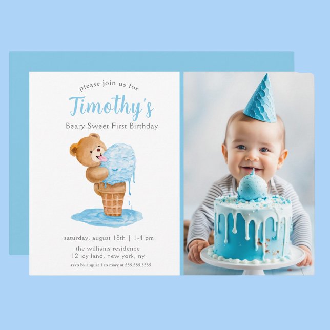 Invitación Foto Primer cumpleaños niño Teddy Bear helado (Subido por el creador)