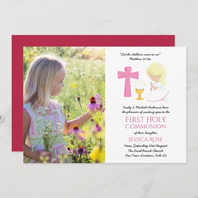 Invitación FOTO Primero Santa Comunión Invita al Chica BLONDE (Anverso / Reverso)