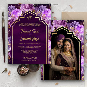 Invitación Foto Purple Floral Anand Karaj Sikh Boda