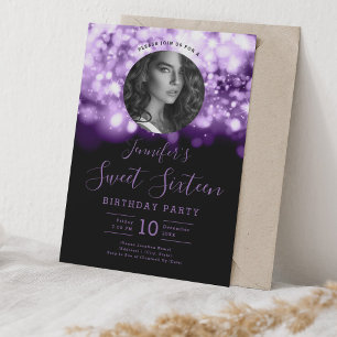 Invitación FOTO Purple Hollywood Lights Sweet 16 Fiestas