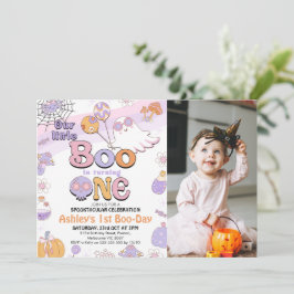 Invitación Foto Purple Little Boo Halloween 1er cumpleaños