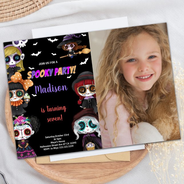 Invitación Foto Purple Spooky Black Halloween Cumpleaños (Photo Purple Spooky Black Halloween Birthday Invitation)