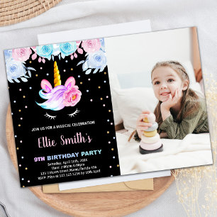 Invitación Foto Púrpura Arcoiris Rosa Unicornio Cumpleaños