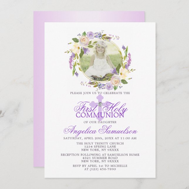 Invitación FOTO púrpura floral de la lavanda del primer chica (Anverso / Reverso)