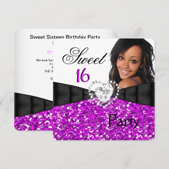 Invitación Foto: Purpurina de Fuchsia Sweet 16 16th Birthday  (Anverso / Reverso)