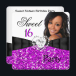 Invitación Foto: Purpurina de Fuchsia Sweet 16 16th Birthday<br><div class="desc">Añadir foto, Fuchsia Purpurina Púrpura Púrpura Plata Dulce Negro 16 Fiesta de Cumpleaños Negro, Black Bow Heart Jewel Animal Print, Chica, Mujeres, Invitación femenina Elegante. Para las mujeres chicas. Invitaciones de Zizzago. Todas las Ocasiones Fabulosos y Elegantes eventos para mujeres, Chicas. Personalizar con sus propios detalles y edad. Plantilla para...</div>