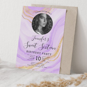 Invitación FOTO Purpurina de Mármol Morado Dulce 16 Fiesta