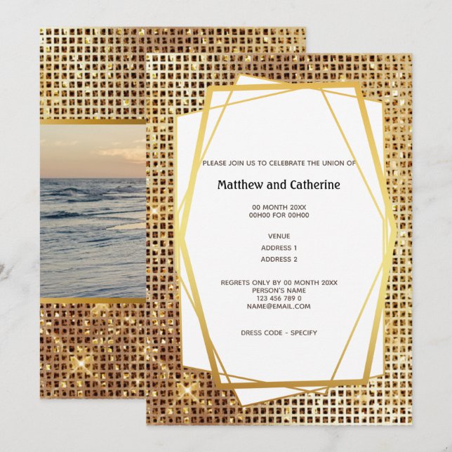Invitación Foto purpurina de oro marco geométrico presupuesto (Anverso / Reverso)