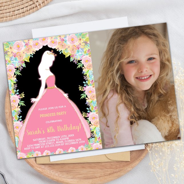 Invitación Foto Purpurina floral Black Pink Princess Birthday (Photo Floral Glitter Black Pink Princess Birthday Invitation)