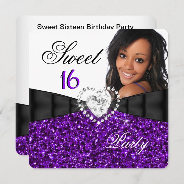 Invitación Foto: Purpurina morado Sweet 16 16th Birthday Part (Anverso / Reverso)