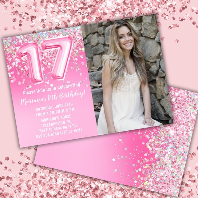 Invitación Foto Purpurina Rosa 17º cumpleaños (Subido por el creador)