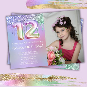Invitación Foto: Purpurina Rosa Morado 12º cumpleaños