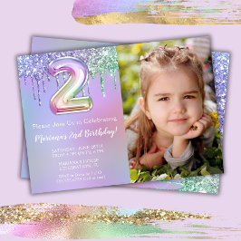 Invitación Foto Purpurina Rosa Morado Fiesta de cumpleaños nú