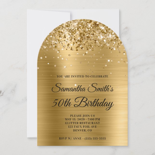Invitación Foto Purpurinoso de metal de oro 50 cumpleaños (Anverso)
