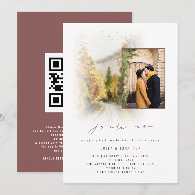 Invitación Foto QR de Árboles Caídos Únete a nuestro Boda Mau (Anverso / Reverso)