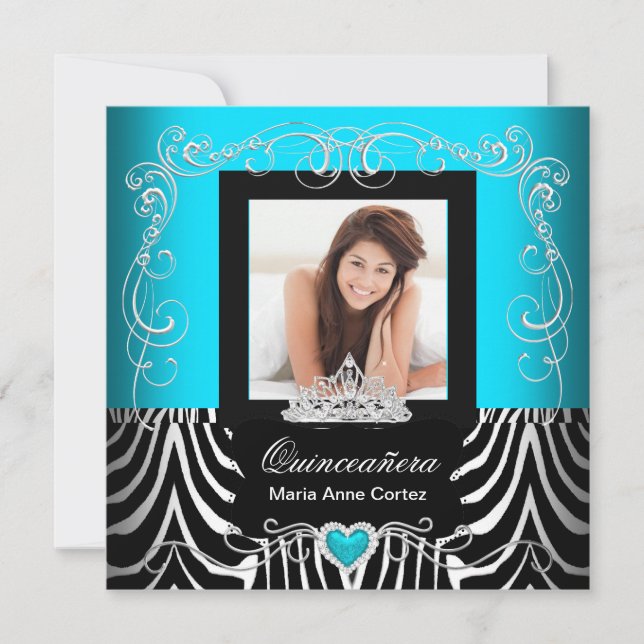 Invitación Foto Quinceanera 15th Birthday Verde azulada Blue  (Anverso)